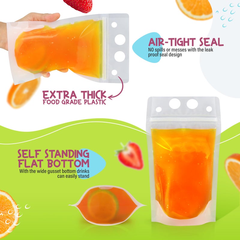 Frozip 50pcs 16oz Drink Pouches for Adults - Drink Pouches with Straws x50 & Funnel - Resealable Smoothie Pouches & Clear Juice Pouches for Adults - Drink Bag Plastic Pouches for Drinks with Straws - Image 5